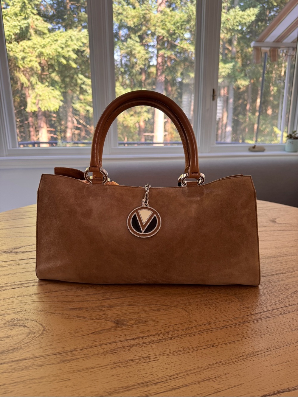 Valentino Garavani Brown Suede Top-Handle Satchel with V Charm